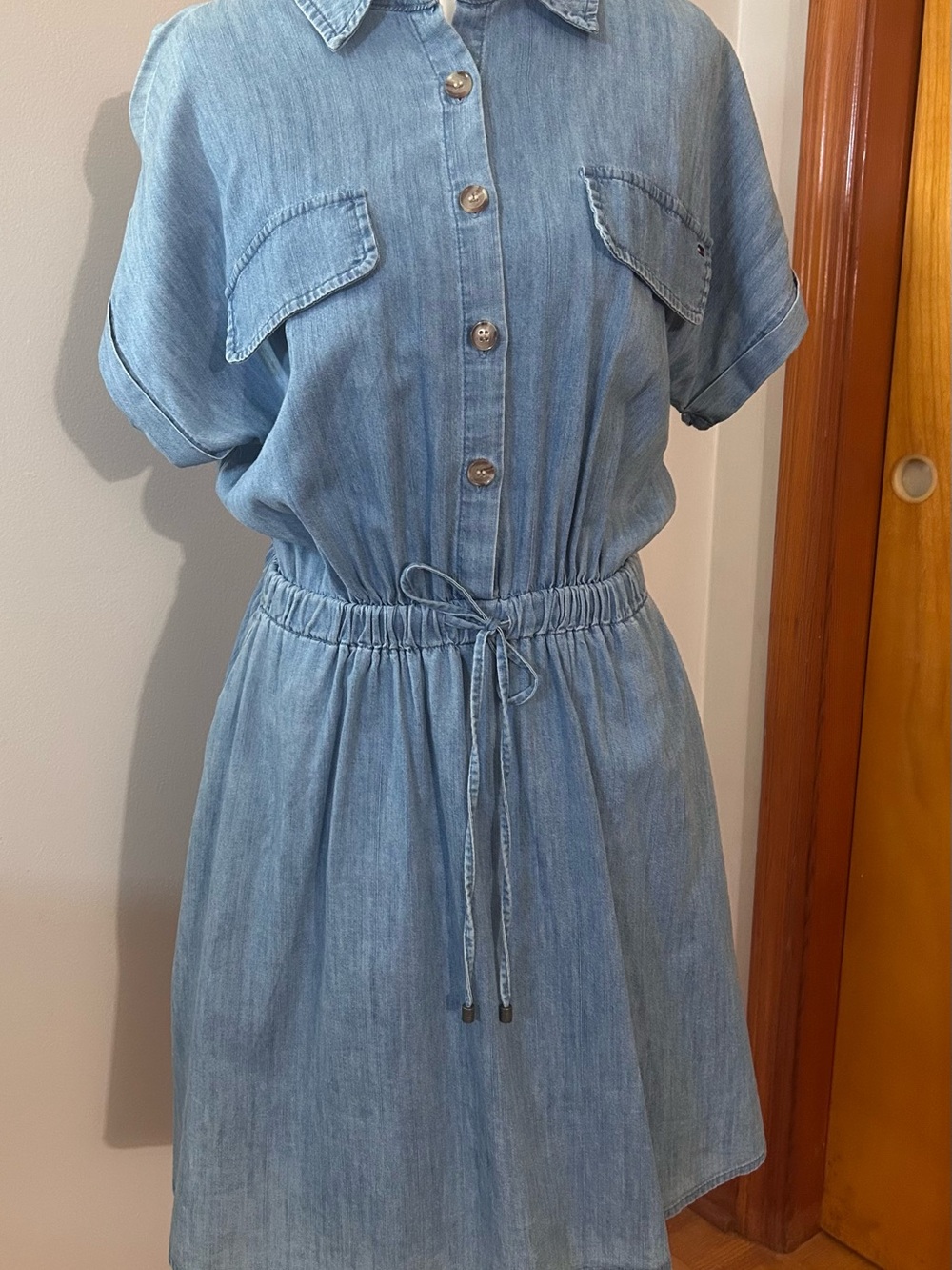 Tommy Hilfiger Light Blue Denim Shirt Mini Dress with Drawstring Waist Size 4